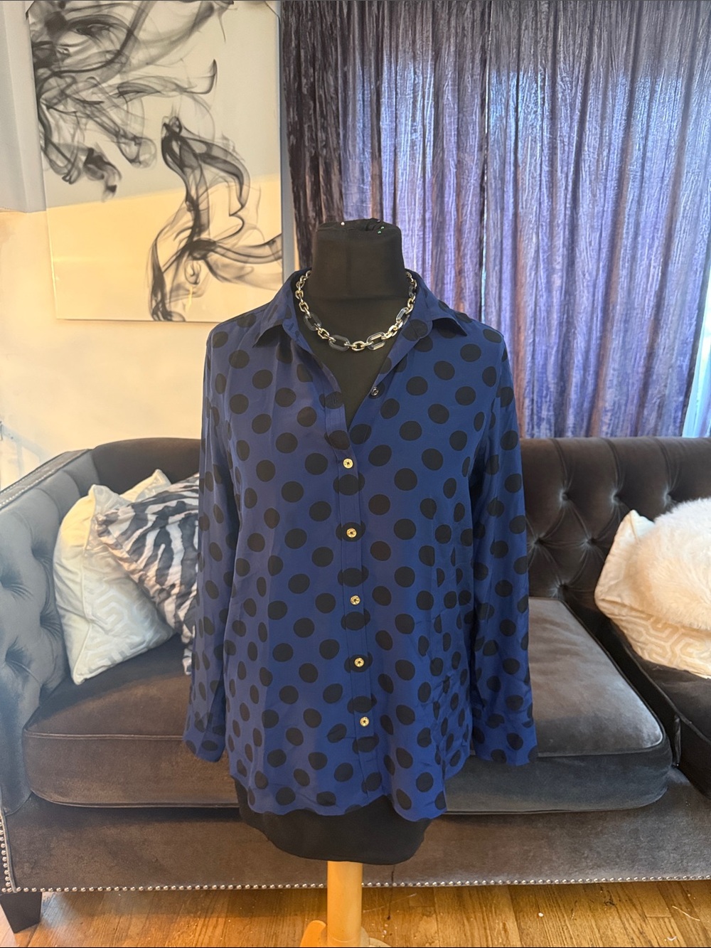 C. Wonder Navy Polka Dot Silk Blouse with Lime Trim